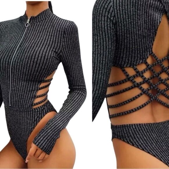 Unbranded Black Metallic Zip Front Open Back Strappy Bodysuit Size Small - Picture 1 of 10